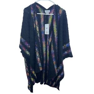 Le Moda Women Multi Trim Ruana Black Rainbow Knit Wrap Poncho One Size Gypsy NEW